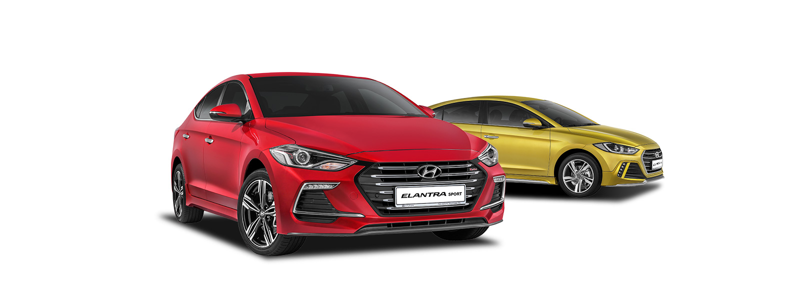 Side front view of blue Elantra in front and rear view of silver Elantra at the back